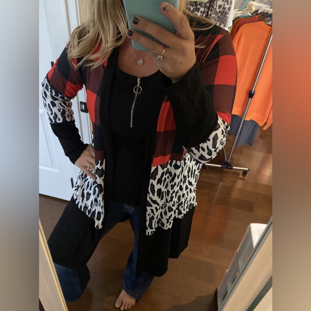 NWT red black plaid leopard colorblock cardigan size small